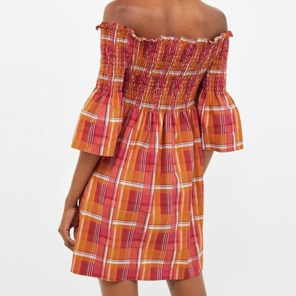 Zara Orange & Red Plaid Off the Shoulder Smoked Dress Size XS - Picture 2 of 11